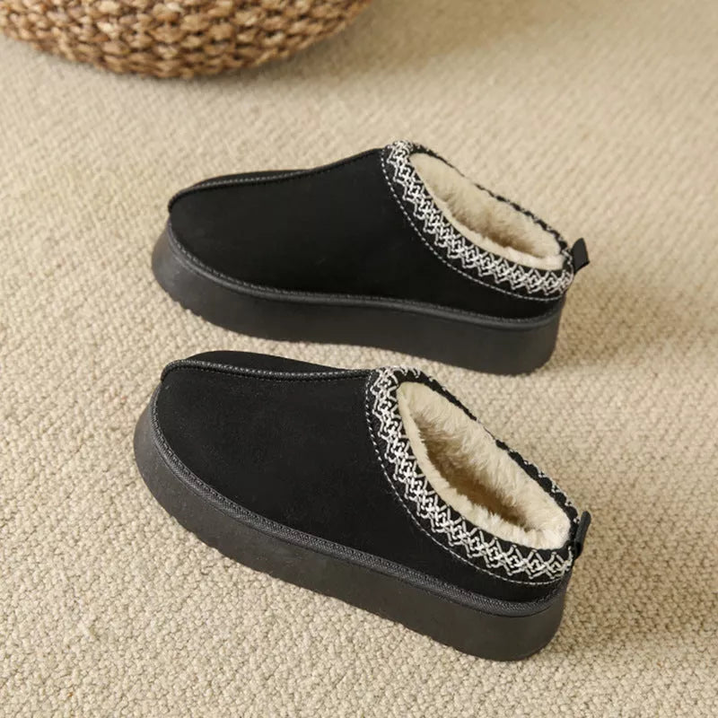 Women's fleece-lined Baotou plush half slippers in black, khaki, and brown