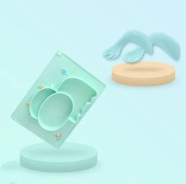 Green silicone baby bowl with suction base and crab cartoon design, 28cm diameter