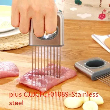 Kitchen bundle stainless steel vegetable tools including onion fork with uniform fine holes for pressing garlic potatoes fish and meat in seconds, PP handles
