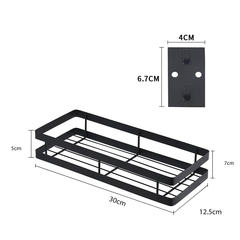 Metal kitchen wall storage shelf holding spice containers and pepper seasoning sprayers in six size options from 20cm to 50cm