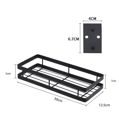 Metal kitchen wall storage shelf holding spice containers and pepper seasoning sprayers in six size options from 20cm to 50cm