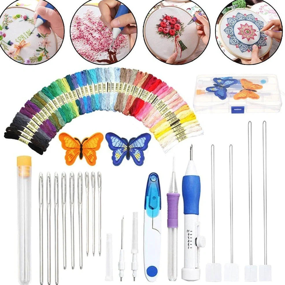 DIY embroidery set box with 50 coloured polyester threads on bobbins, 250g total weight, including butterfly pattern model 177
