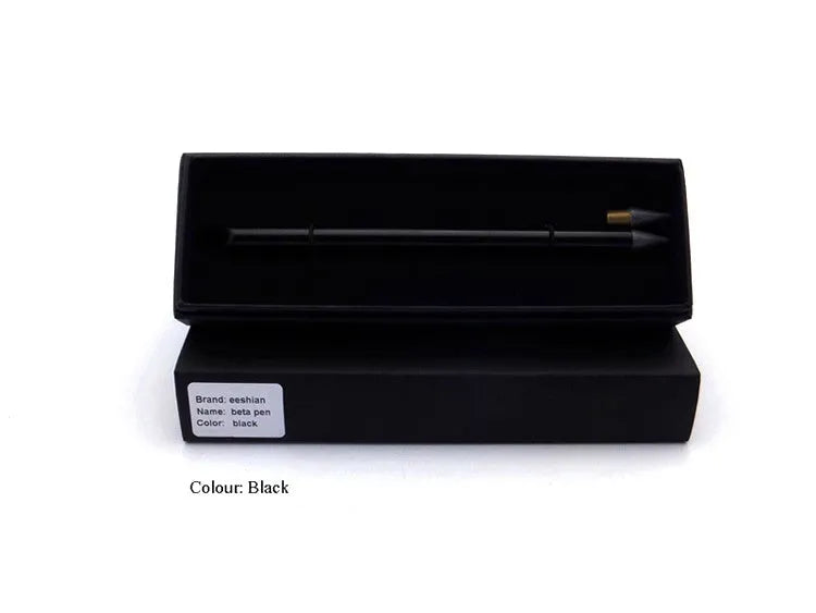 Inkless metal pen with 0.5mm alloy steel nib in silver finish, showing 16cm length and included presentation box