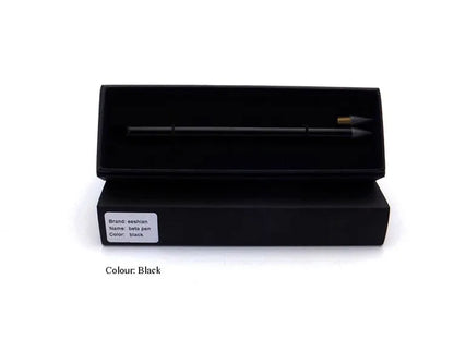 Inkless metal pen with 0.5mm alloy steel nib in silver finish, showing 16cm length and included presentation box
