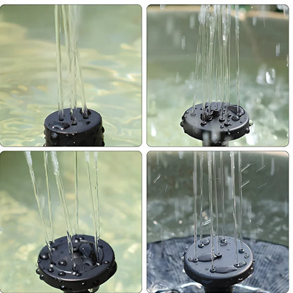 Black solar fountain with water spray in garden pond showing 55cm height and four nozzle options