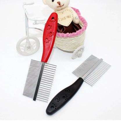 Red double-row pet grooming comb with stainless steel teeth and plastic handle showing sparse and dense sides