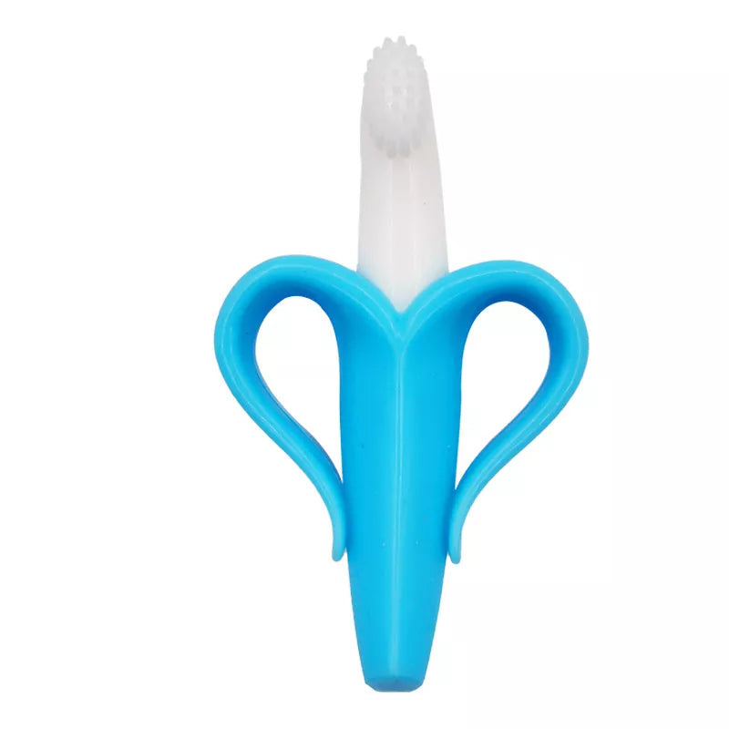 Food grade silicone banana teether toy for babies in yellow, pink, and blue