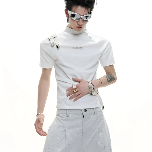 Men's black slim fit cotton T-shirt with a metal belt detail on the stand-up collar.