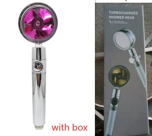 Chrome-finished ABS plastic water-saving shower head with a round, rotating spray head.
