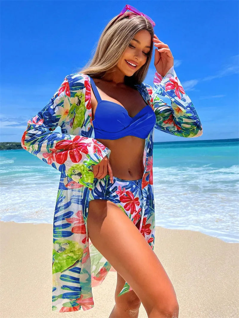 Women's three-piece printed swim set with bikini top, pants and beach blouse in green, blue or rose red.