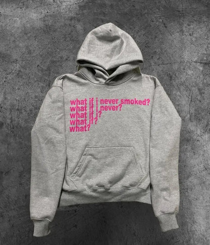 Black hooded pullover sweater with a large letter print on the front, shown on a model.