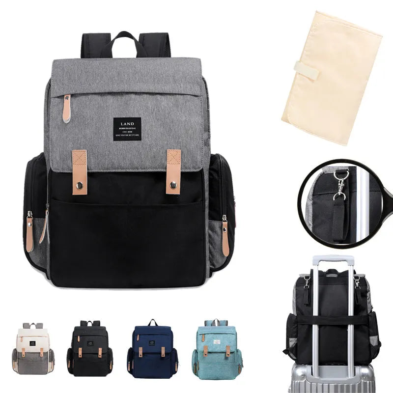 Mommy diaper bag, LAND Mommy Diaper Bag, Landuo mother large capacity travel nappy backpack with changing mat, convenient baby nursing bag, MPB86 model, available in Arrow, Beige, Black, Blue, Grey, Solid grey colour options.