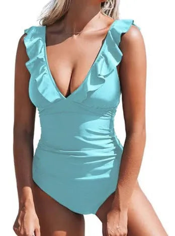 Women's one-piece swimsuit with v-neck and lace-up front in multiple colour options