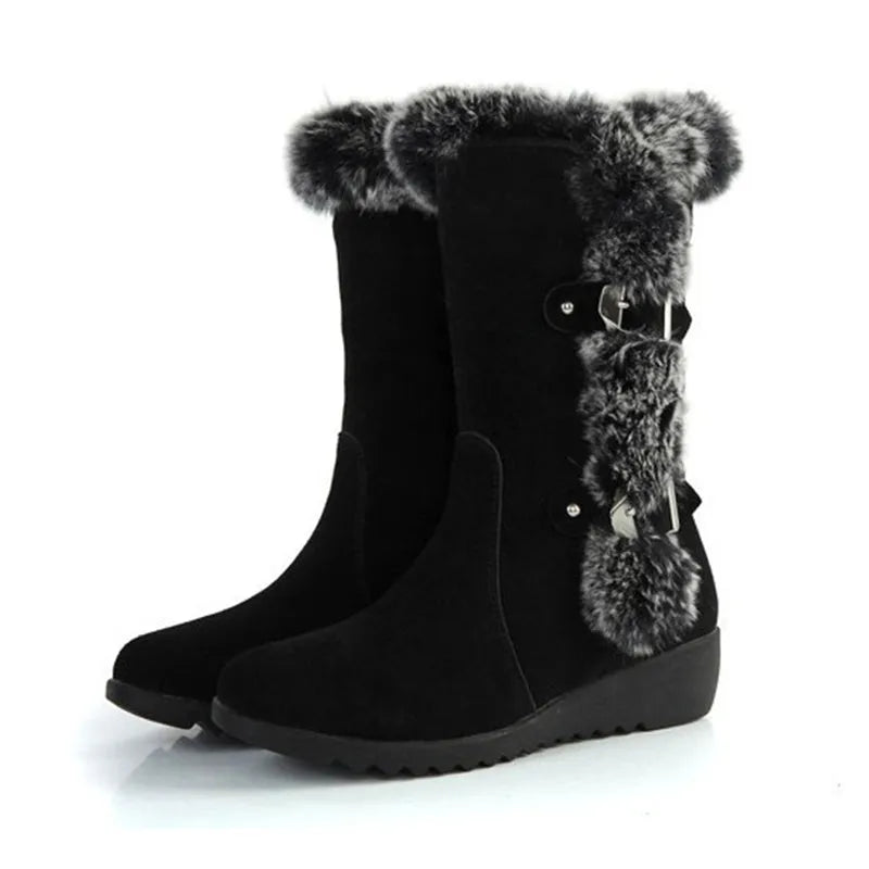 Women's mid-calf winter snow boots in black or light brown with faux fur lining and slip-on design