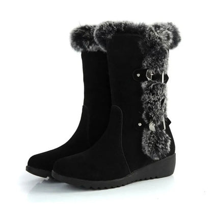 Women's mid-calf winter snow boots in black or light brown with faux fur lining and slip-on design