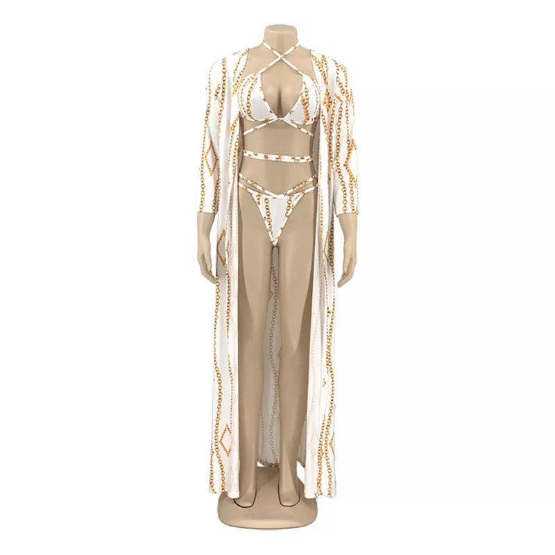 Three-piece European-American bikini swimsuit in white, perfect for beach outings