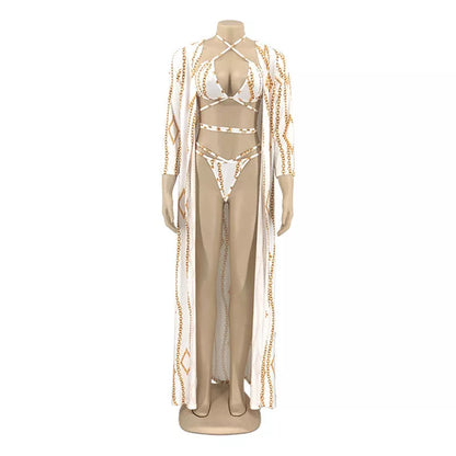 Three-piece European-American bikini swimsuit in white, perfect for beach outings