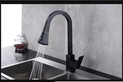 Stretchable black copper kitchen faucet with double outlet mode