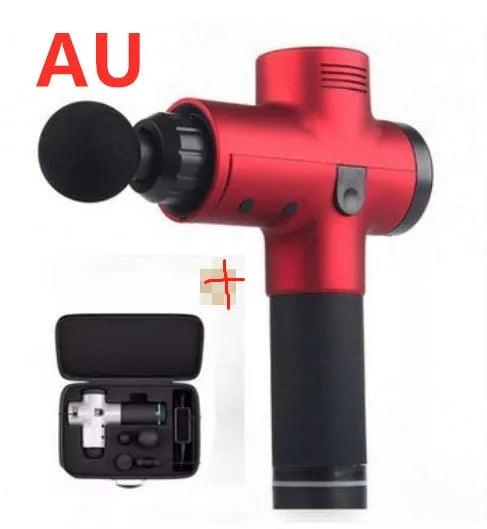 Relax Tissue Deep Muscle Massage Gun with 4 interchangeable heads on a white background