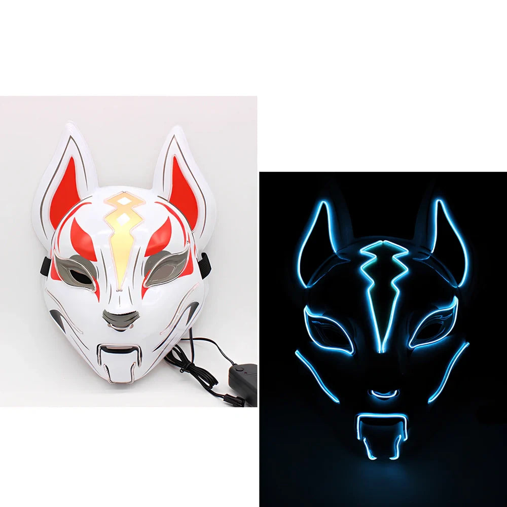 Glowing blue cat face mask with LED illumination measuring 28cm by 18cm for cosplay and Halloween events