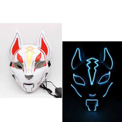 Glowing blue cat face mask with LED illumination measuring 28cm by 18cm for cosplay and Halloween events