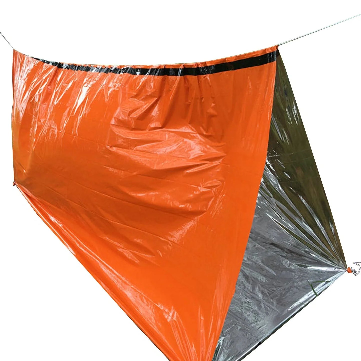 Orange First-aid Tent Insulation Mat reflecting sunlight, ready for emergency use