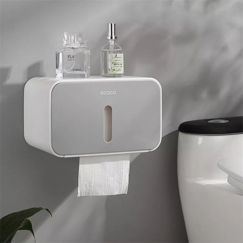 Wall mounted waterproof toilet paper holder with transparent window in grey, black, or blue