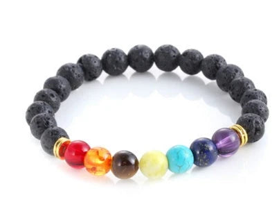 Handcrafted black lava beaded bracelet with seven chakra stones for healing and balance