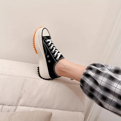 Women's white and black thick-soled canvas casual shoes with breathable design for summer