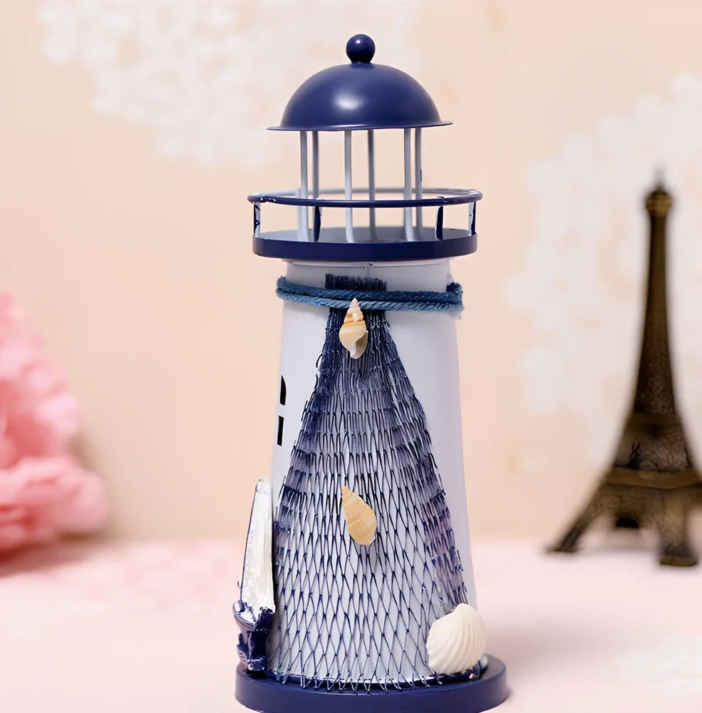Solar-powered tin lighthouse garden statue with flashing LED light in three sizes