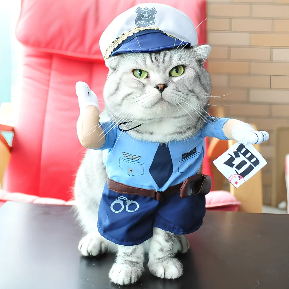 Polyester cat costume in character design with size label showing bust and neck measurements