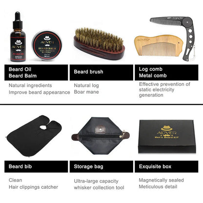 Men's beard grooming set with wooden brush, metal comb, and scissors