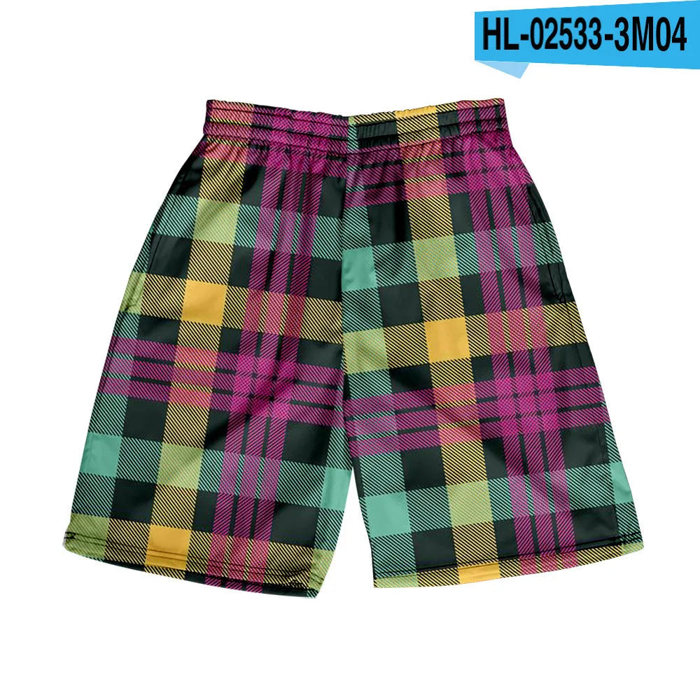Men's plaid pattern casual shorts with an elastic waistband, shown in a straight leg design.