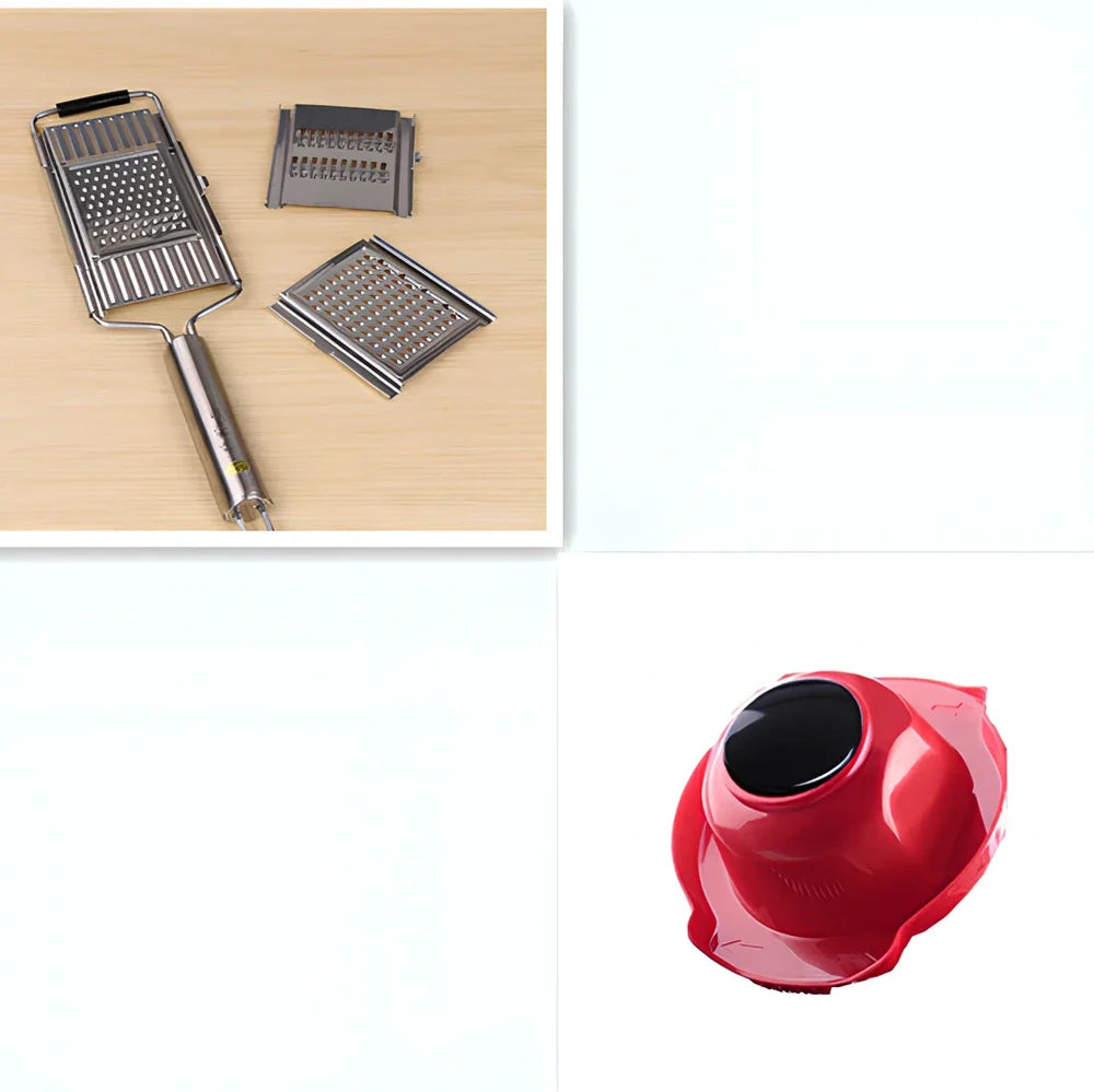 Green mandolin chopper with hand guard, food container, and three blades for safe vegetable slicing