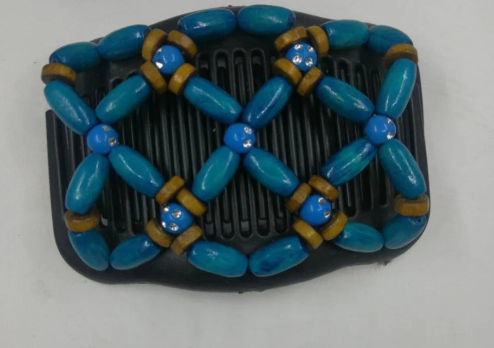 Elastic beaded hair comb with plastic frame and wooden beads, 17.5x10.3cm, vintage hair accessory
