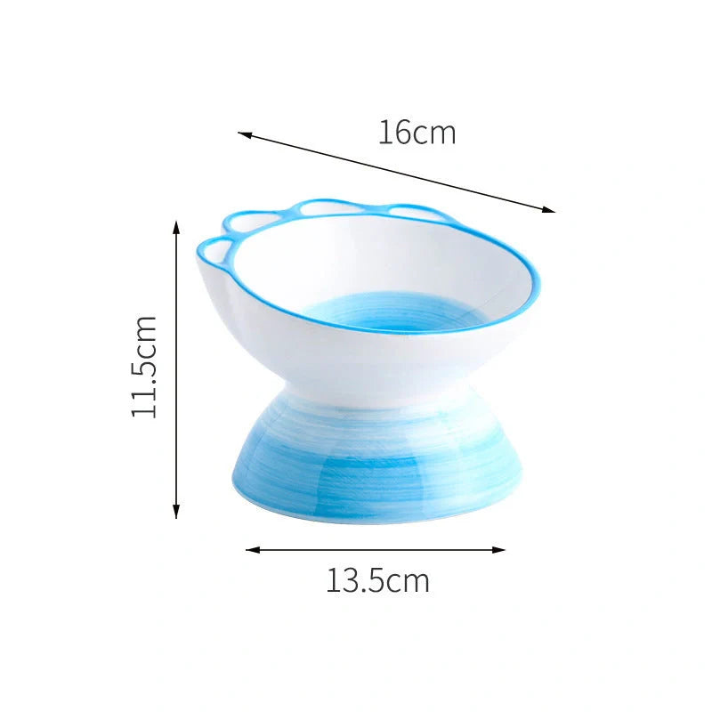 Ceramic oblique pet bowl with cartoon paw design for dogs