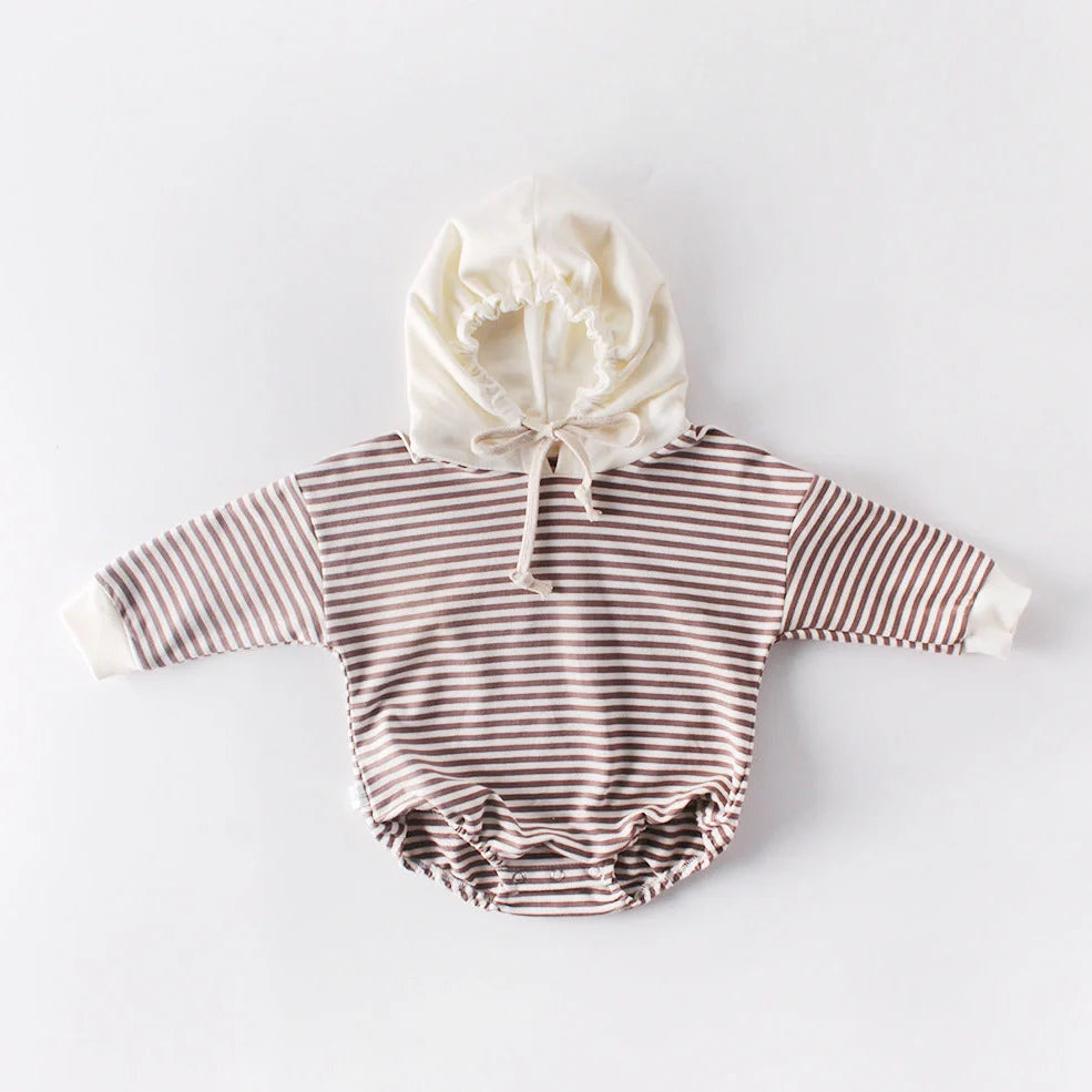 Striped baby climbing suit with hood and triangle design for crawling