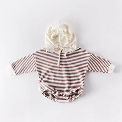 Striped baby climbing suit with hood and triangle design for crawling