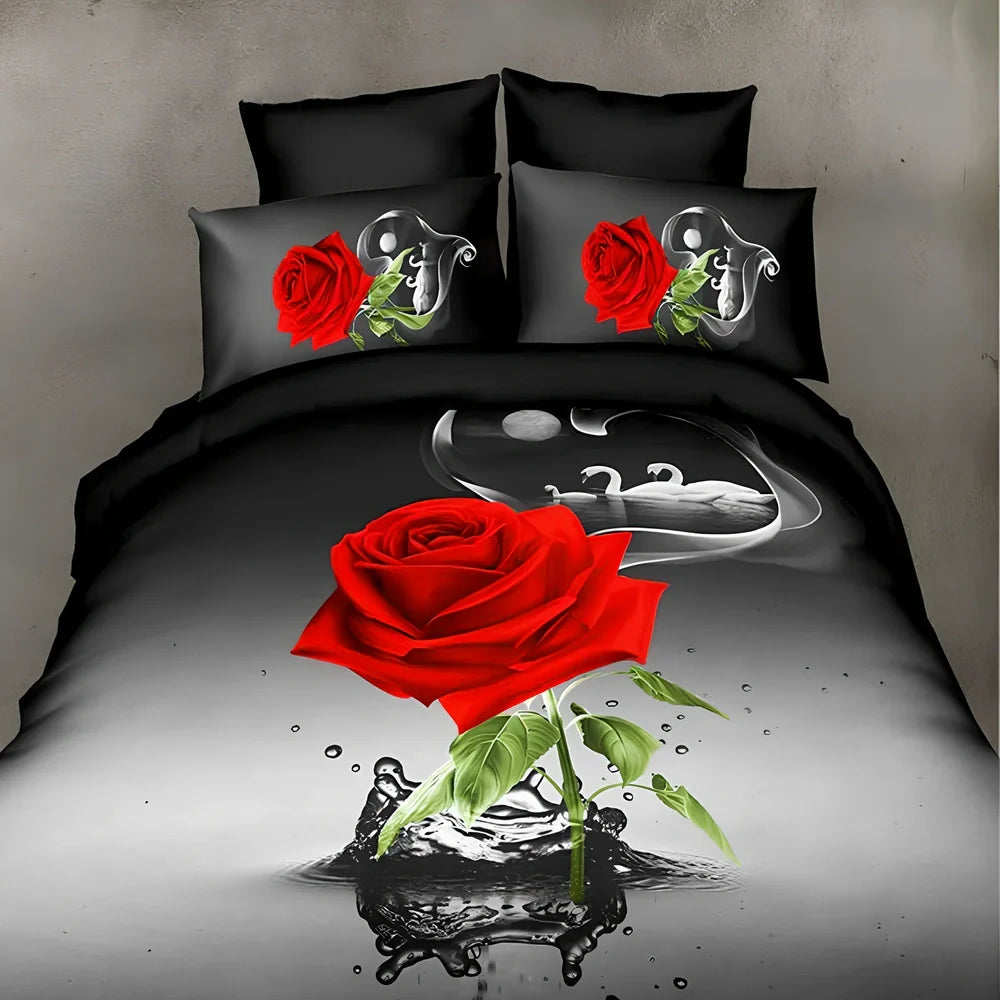 Brushed 3D floral pattern four-piece bedding set with quilt cover, sheets, and pillowcases in blue colour