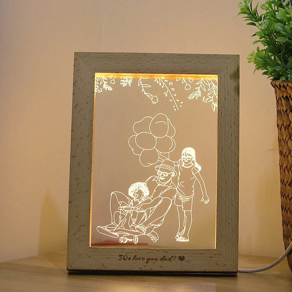 3D LED photo frame table lamp with beech wood frame and acrylic board displaying custom text