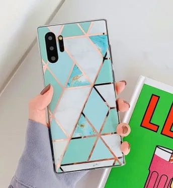 Electroplated marble mobile phone case in various colours for Huawei and Samsung models, showing slim TPU back cover design