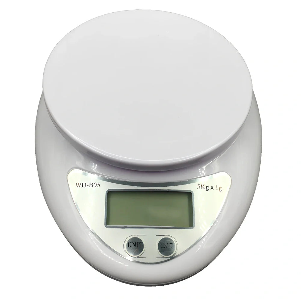 White electronic kitchen scale with digital display showing 1g precision and 5kg capacity measurements