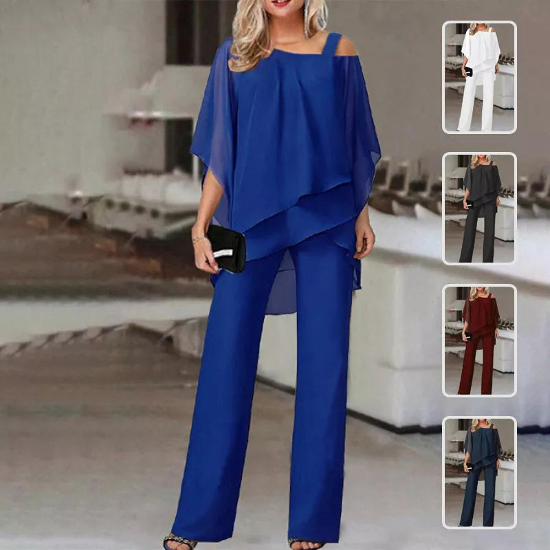 Women's batwing sleeve top and straight trousers set in polyester, available in multiple colors