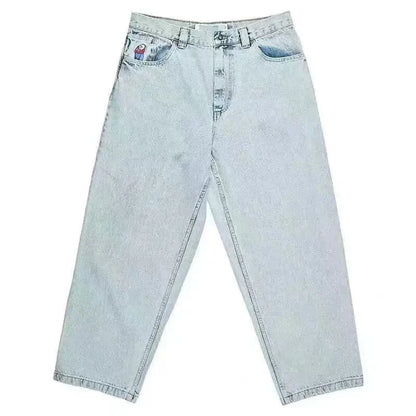 Men's retro straight-leg denim trousers with printed patterns in dark blue colour
