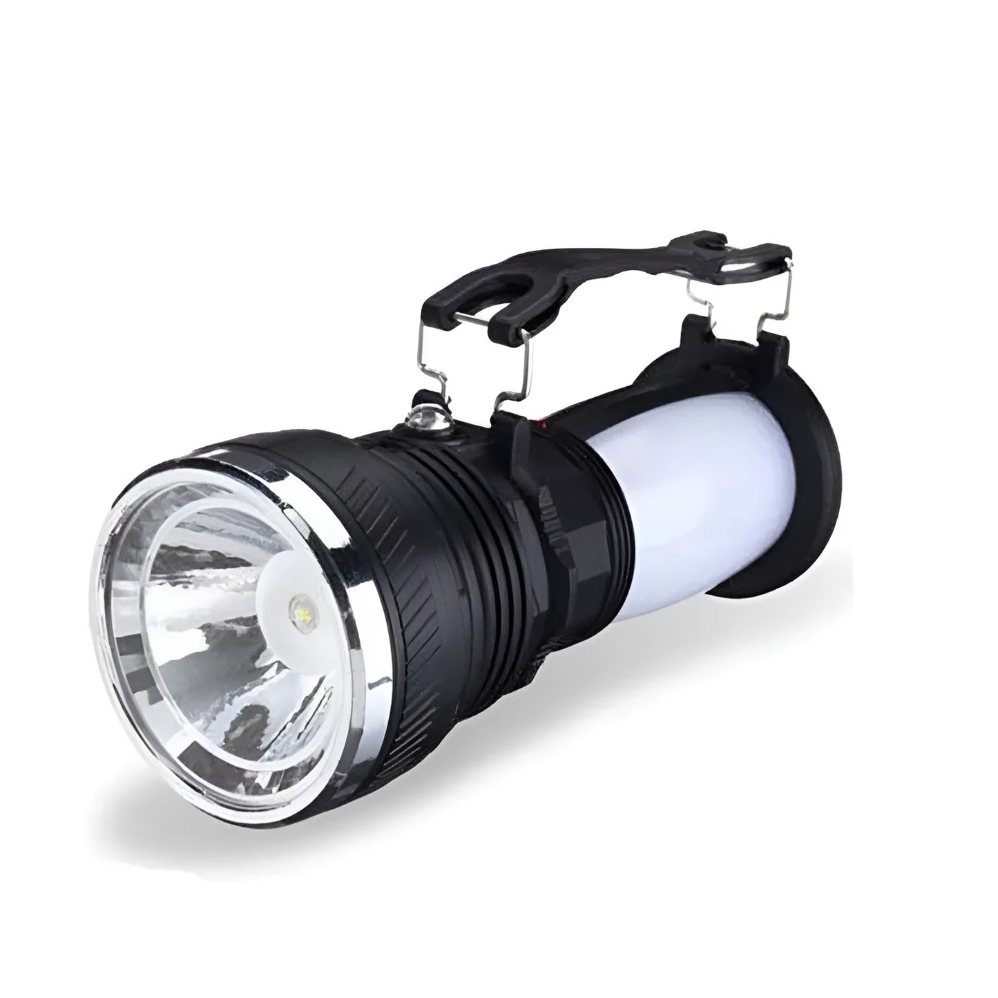 Black solar-powered LED emergency flashlight with USB charging port and press switch.