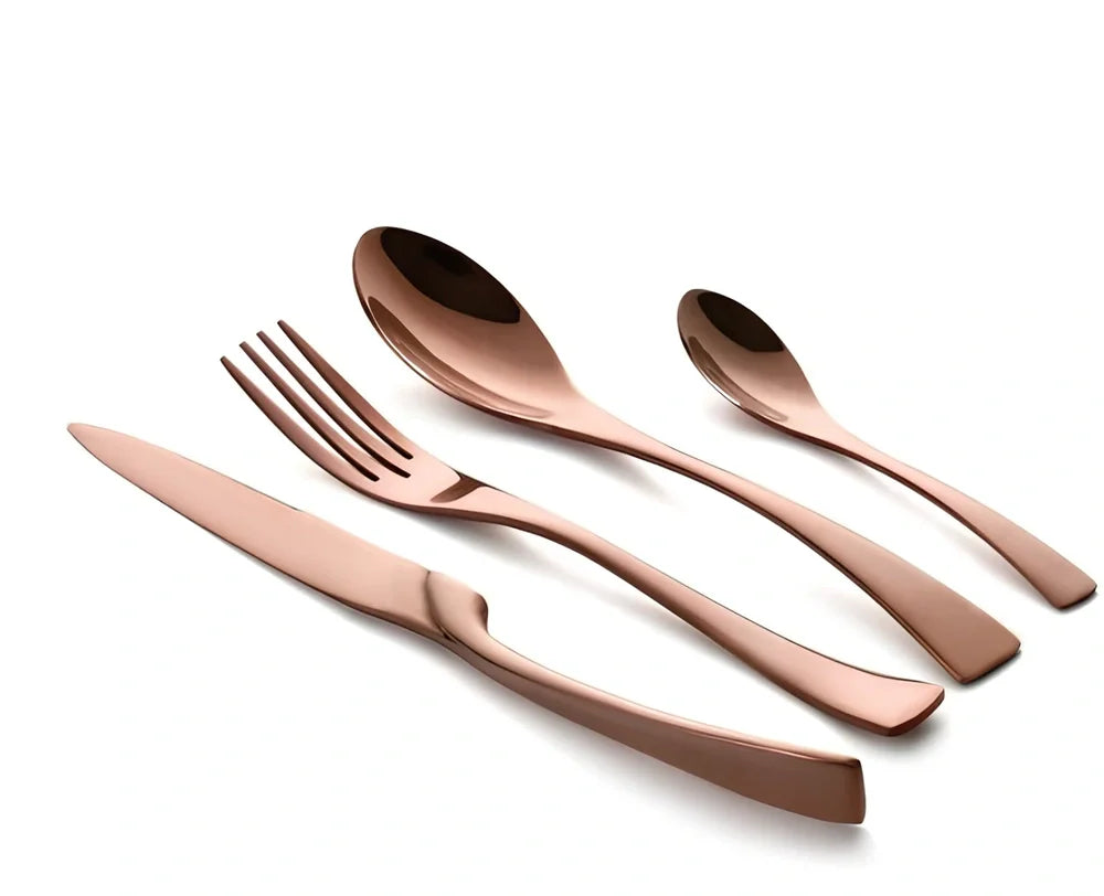 Four-piece black stainless steel cutlery set with mirror polishing showing fork, knife, coffee spoon, and soup spoon