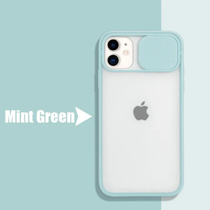 Slim silicone iPhone case with a frosted frame around the camera lens, shown in a choice of solid colours.