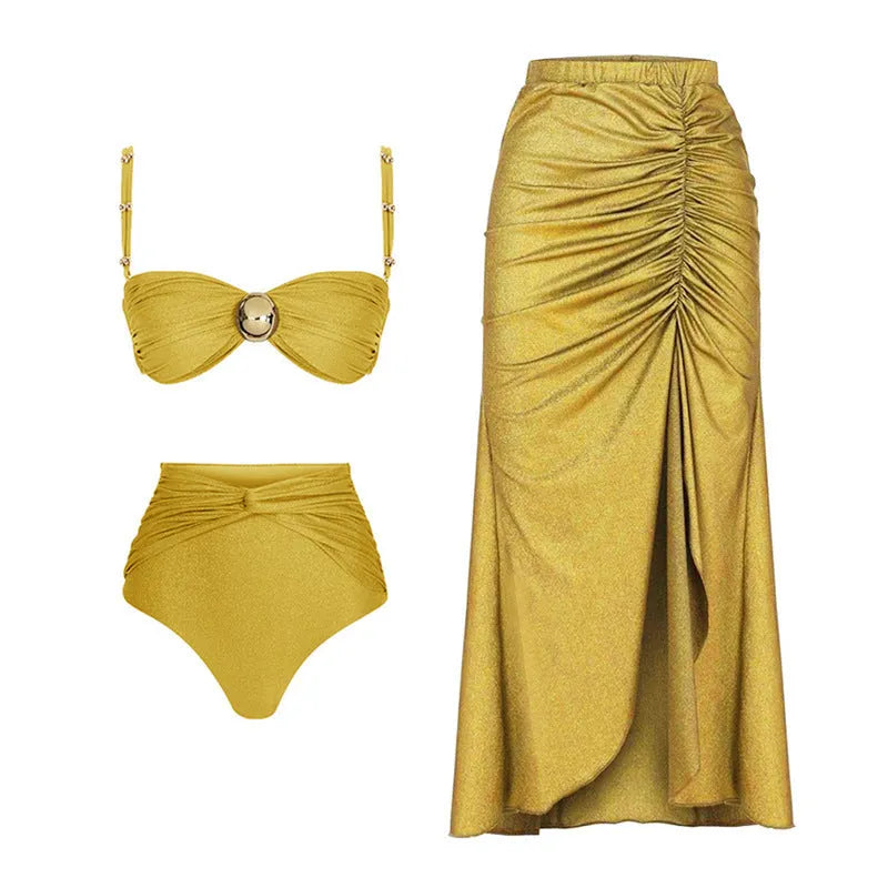 Bikini swimsuit women's high-waisted two-piece swimwear for beach holiday in yellow split design or green one-piece style made from nylon fabric available in sizes S M L XL