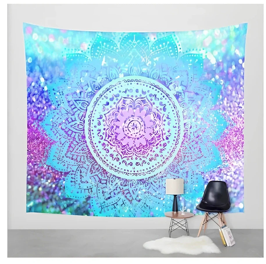 Blue Nordic stripe tapestry with rectangular shape and machine-woven polyester construction