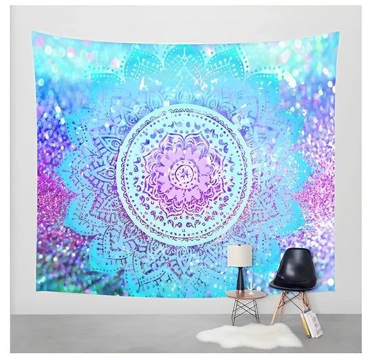 Blue Nordic stripe tapestry with rectangular shape and machine-woven polyester construction